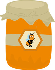 Honey in glass jar. Bottle with honey, canning. Natural product. Healthy eating and diet. Design of greeting cards, posters, patches, prints on clothes, emblems.