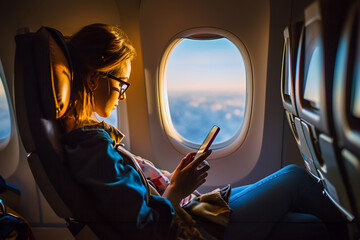 Young woman sitting with phone on the aircraft seat near the window during the flight in the airplane.- Generative AI. - obrazy, fototapety, plakaty