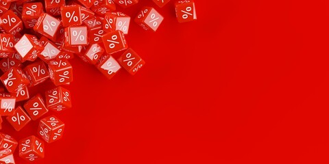 Heap of red cubes or dice with percent sign symbol corner on red background, sale, discount or sales price reduction concept, copy space - obrazy, fototapety, plakaty