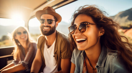 Group of happy friends traveling by camper van. Group of young people having fun on road trip.