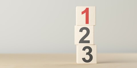 Numbers one, two and three on wooden blocks standing on table, plan, priority or winner business concept