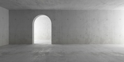 Abstract empty, modern concrete room with rounded door opening in the back wall and rough floor - industrial interior background template