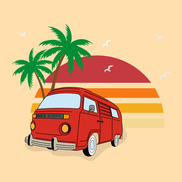 Silhouette of palm trees and sunset. Retro van. Van for travel. Vintage design. Design greeting cards, posters, patches, prints on clothes, emblems. Summer rest. Sun on the beach and flying seagulls.