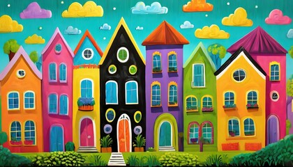 Obraz na płótnie Canvas kids wallpaper a small painted city colorful houses a fabulous city wallpaper for the children s room graphic drawing of the city