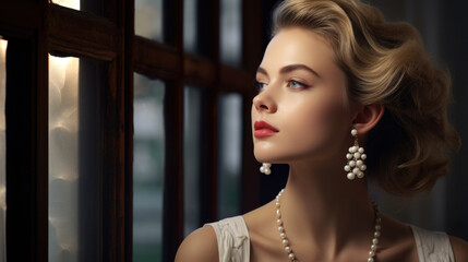 beautiful girl in earrings looks out the window