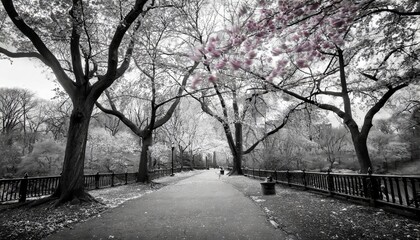 pink spring blossoms blooming on black and white trees above a path in central park new york city