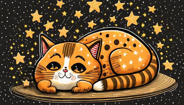 cute red cat lies unconscious the stars are above his head shows emotions head spinning shock nerves cat character hand drawn style sticker emoji