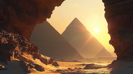Sunny bunny in the arch of the pyramids, creating an exciting light effect - obrazy, fototapety, plakaty