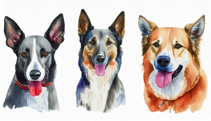 set of dogs of various breeds painted in colorful watercolor on a white background in a realistic manner
