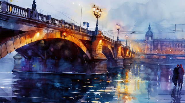 The city bridge in watercolor paints, where the light from windows and lamps gently envelops its a