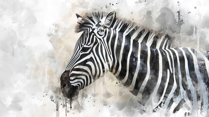 The watercolor pattern of zebra, with black and white stripes, creating a pattern on its skin