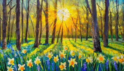 original oil painting spring forest landscape with daffodils and sun impasto printable square...