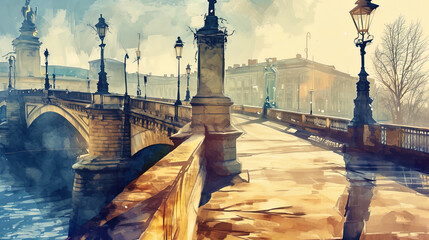 View of the bridge in watercolor paints, where the game of light and shadow gives city architectur - obrazy, fototapety, plakaty