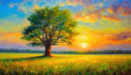 Fototapeta na wymiar fantasy landscape with a big tree in the meadow at sunset digital oil painting impressionism impasto printable square wall art