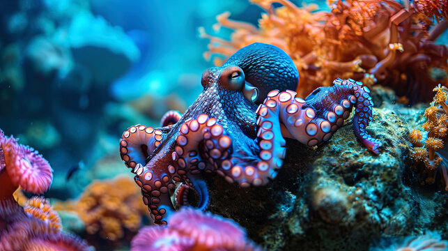 The octopus, like watercolor paint, against the backdrop of bright corals, creates an amazing visu