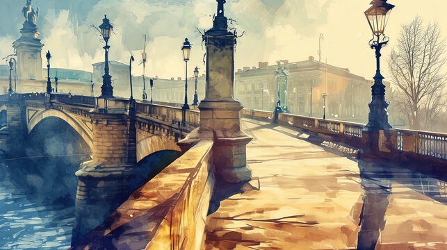 View of the bridge in watercolor paints, where the game of light and shadow gives city architectur