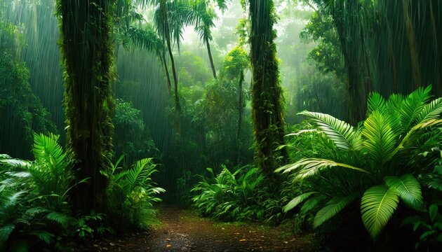 dark tropical forest in the rain large exotic plants in the forest green background ai