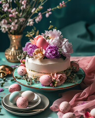 Obraz na płótnie Canvas Easter cake with flowers and eggs on a turquoise background