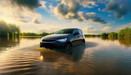 car in water after heavy rain and flood