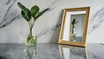 artificial plant in glass vase compose with gold stainless mirror frame on gray spray painted working table with marble wall in the background with copy space apartment interior