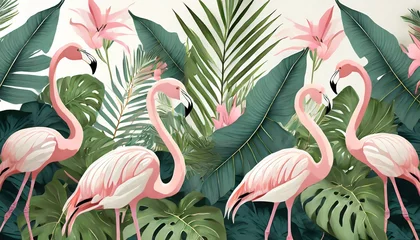 Foto auf Acrylglas Antireflex tropical leaf mural photo wallpaper wall art decor for bedroom murals wall paper drawing with tropical leaves and pink flamingos © Enzo