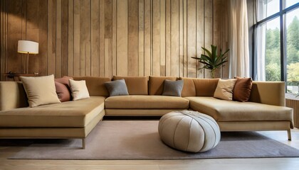 stylish living corner with velvet tan color sofa setting with soft pillows with plywood wall on the background cozy interior design modern interior