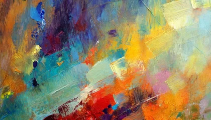 Fotobehang closeup of abstract rough colorful art painting texture with oil brushstroke pallet knife paint on canvas complementary colors © Enzo