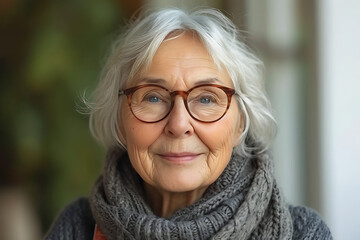 A captivating portrayal unfolds, inviting you into the world of a senior woman adorned with chic brown glasses and gracefully graying hair. Picture her in a setting where every glance through those st