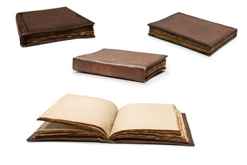 An open empty old notebook isolated on a white background.