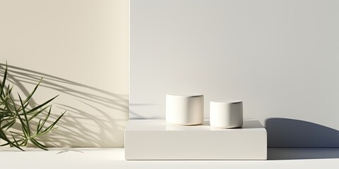 Sleek contemporary display for cosmetics - white square podiums in sunlight with white background and shadows, vertical.