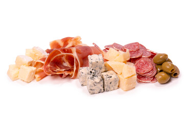 Cheese, olives, salami, jamon isolated on a white backgrund.