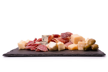 Cheese, olives, salami, jamon isolated on a white backgrund.