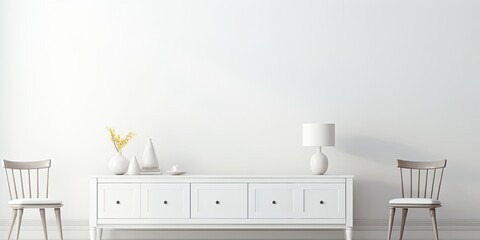 White wall background with furniture, including commode, frames, chairs, and table.