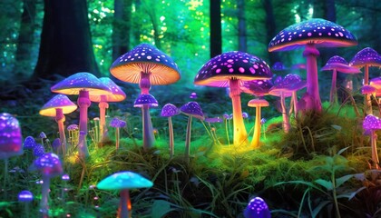 glowing spotted fluorescent mushrooms mystic luminescent forest psychedelic colors