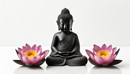 beautiful little black buddha with lotus flower white background studio