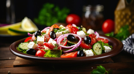 Greek salad with feta cheese organic black olives