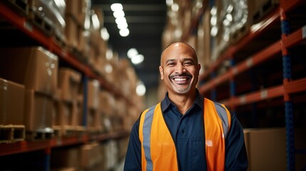 Smiling supervisor looking at stock arranged on shelves in warehouse 
