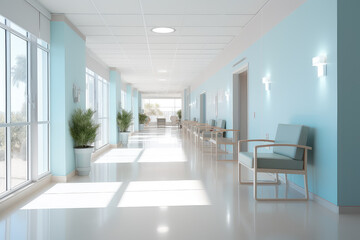 A hospital background with a spacious, well-lit hallway and chairs for patients, reflecting a serene healthcare environment.