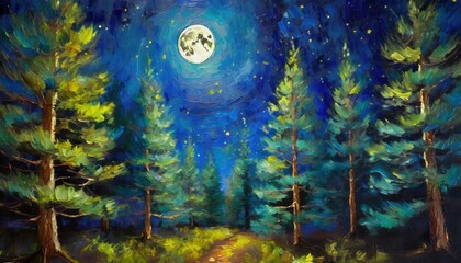 Obraz na płótnie Canvas blue fir trees in a night forest under the moon oil painting impasto printable square wall art