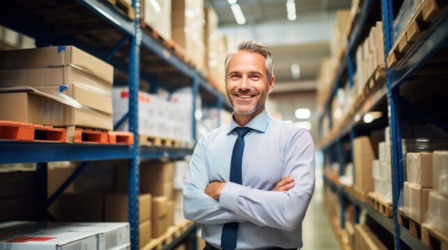 Smiling supervisor looking at stock arranged on shelves in warehouse 