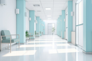 An empty corridor in a modern clinic, a clean and bright hospital interior, ideal for a healthcare services concept.