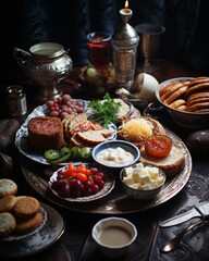 Fototapeta na wymiar Traditional Russian breakfast, food, meal, dish, cooking, restaurant, delicious, cuisine, grill, plate, gourmet, eggs, sousace, bacon, meat, pork, grilled, fried, sauce, cooked, mobile format 4:5