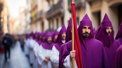 Holy Week , group of penitents holding a cross dresses  with vivid colors. - obrazy, fototapety, plakaty