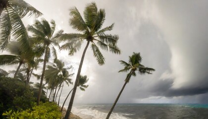 Fototapeta na wymiar palm trees blowing in the wind and rain as a hurricane approaches a tropical island coastline