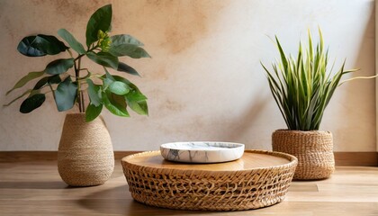 stylish living corner setting with circular marble tray on rattan wood table and artificial plant in basket in the background cozy interior design copy space