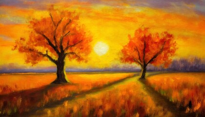 Fototapeta na wymiar square oil painting of a cute spooky orange landscape with two autumn trees on sunset printable wall art