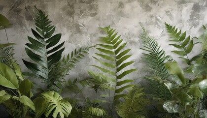 photo wallpapers for the interior mural for the walls tropical leaves the decor is in the grunge style fern leaves