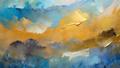 texture oil and acrylic smear blot painting landscape abstract gold and blue color stain...