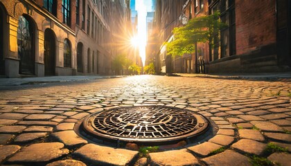 sunlight shining on a manhole cover in an old cobblestone street in new york city