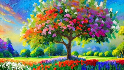 tree with colorful flowers wall art for kid s room printable digital oil painting impasto modern...